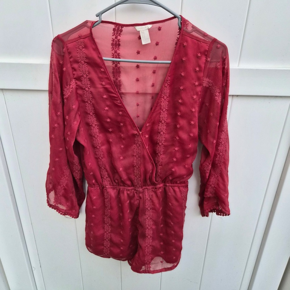 Forever 21 Burgundy Embroidered Clip Dot Romper Medium Boho Red Romantic sheer